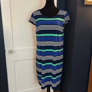 Striped Short-Sleeve Shift Dress in Blue and Green